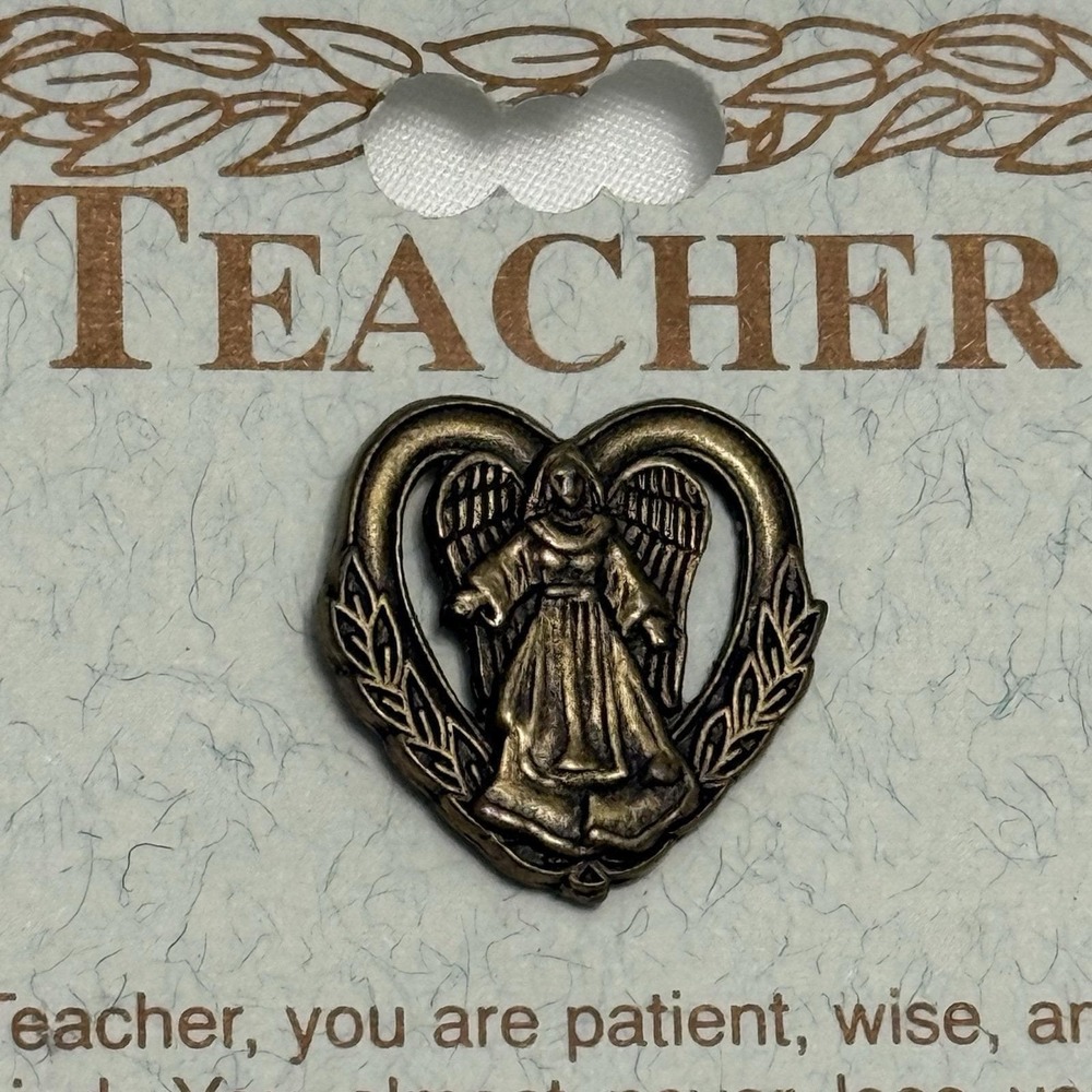 1997 Teacher Angel Heart Lapel Pin Bronze Tone Inspirational‎ Gift Pin